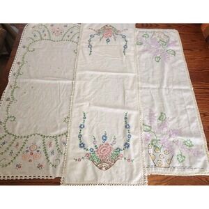 VTG Lot Of 3 Granny Cottage Dresser Scarf Hand Embroidered  Floral